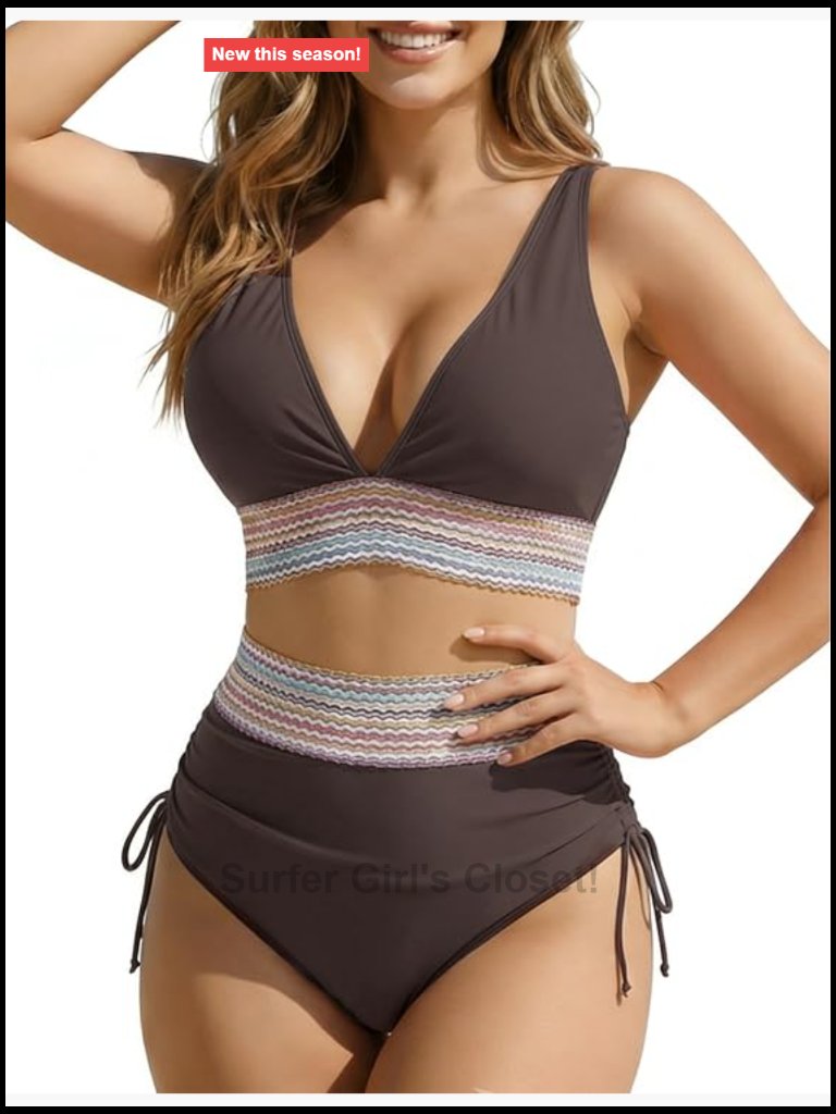 High Waisted Tummy Control Color Block V Neck Two Piece Swimsuit Ruched